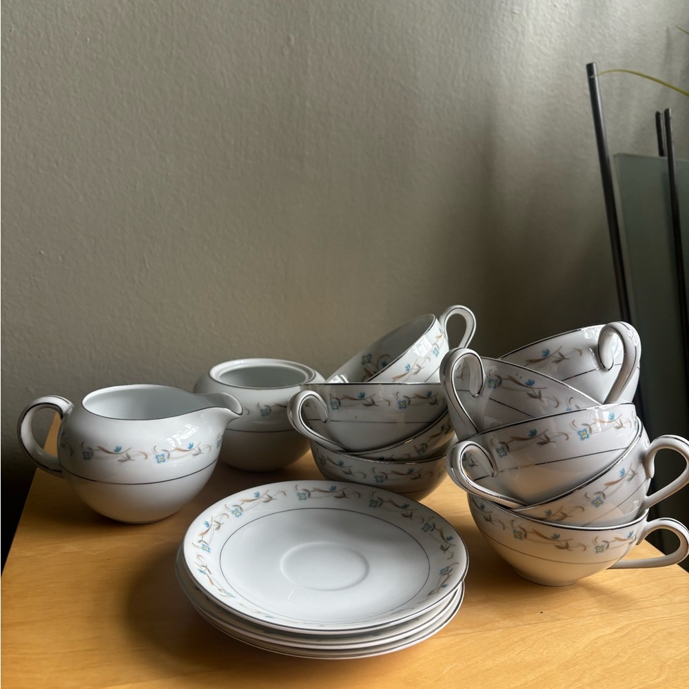Porcelain Tea Cup and Saucer Set with Blue Floral Trim - White